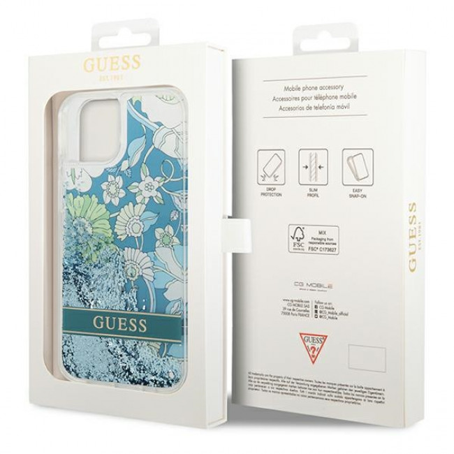 Guess iPhone 14 Plus Flower Liquid Glitter Σκληρή Θήκη - Green - GUHCP14MLFLSN