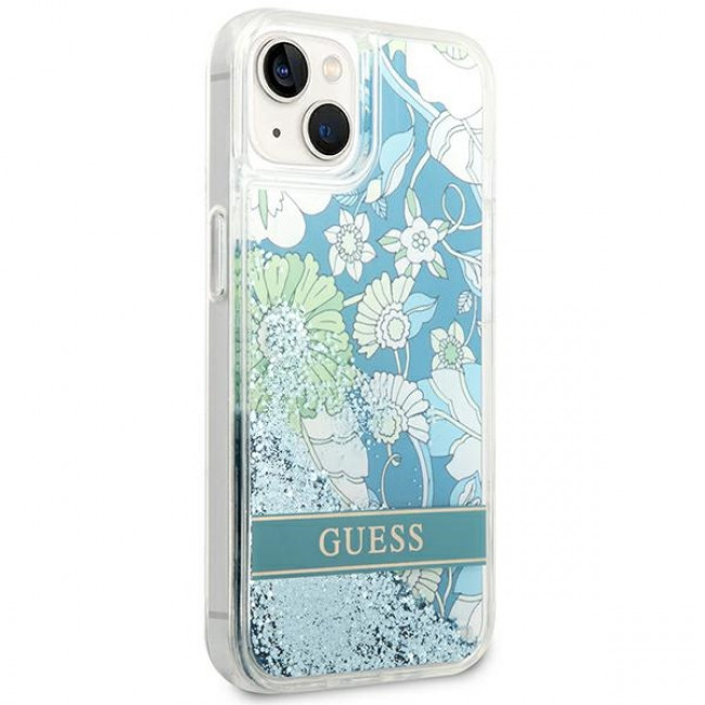 Guess iPhone 14 Plus Flower Liquid Glitter Σκληρή Θήκη - Green - GUHCP14MLFLSN