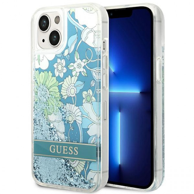 Guess iPhone 14 Plus Flower Liquid Glitter Σκληρή Θήκη - Green - GUHCP14MLFLSN