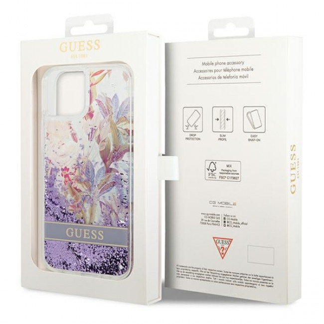 Guess iPhone 14 Plus Flower Liquid Glitter Σκληρή Θήκη - Purple - GUHCP14MLFLSU