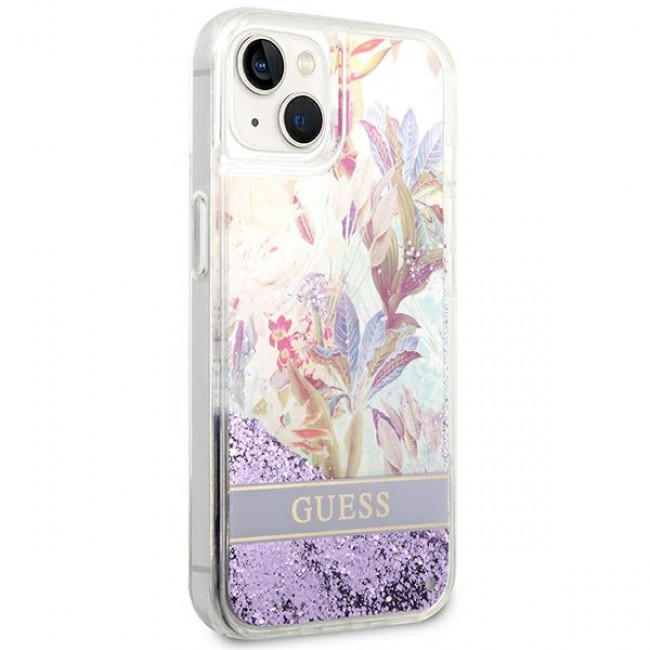 Guess iPhone 14 Plus Flower Liquid Glitter Σκληρή Θήκη - Purple - GUHCP14MLFLSU