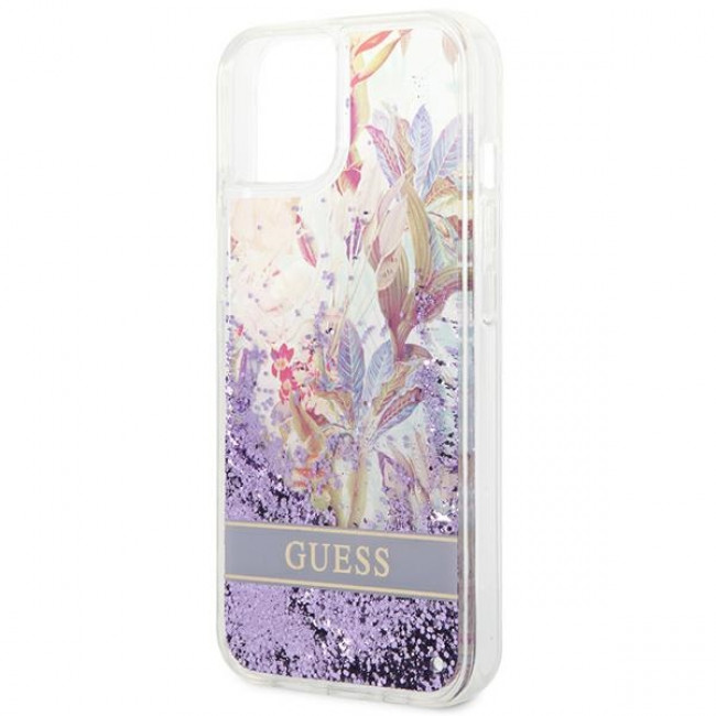 Guess iPhone 14 Plus Flower Liquid Glitter Σκληρή Θήκη - Purple - GUHCP14MLFLSU