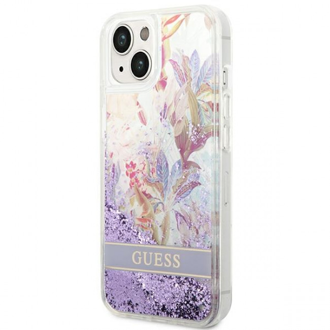 Guess iPhone 14 Plus Flower Liquid Glitter Σκληρή Θήκη - Purple - GUHCP14MLFLSU