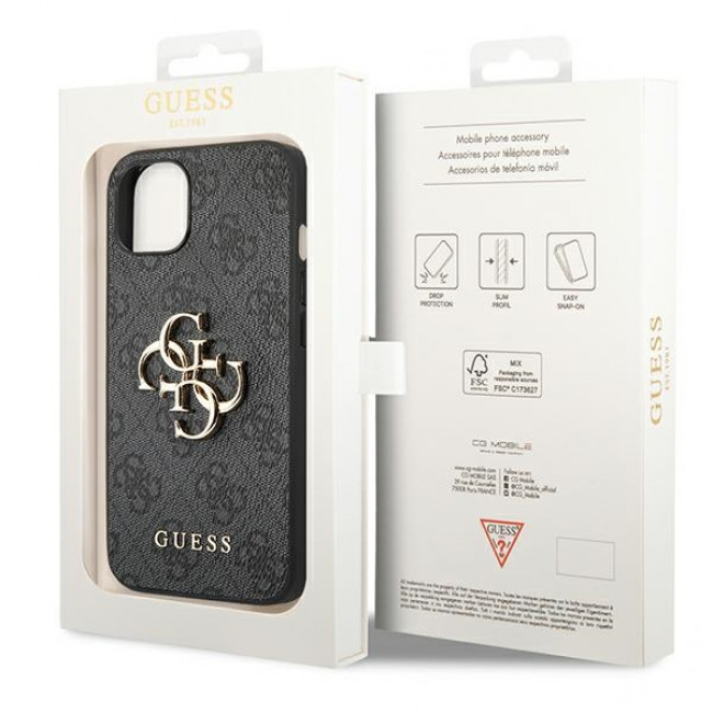 Guess iPhone 14 - 4G Big Metal Logo Θήκη με Επένδυση Συνθετικού Δέρματος - Grey - GUHCP14S4GMGGR