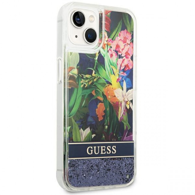 Guess iPhone 14 Flower Liquid Glitter Σκληρή Θήκη - Blue - GUHCP14SLFLSB