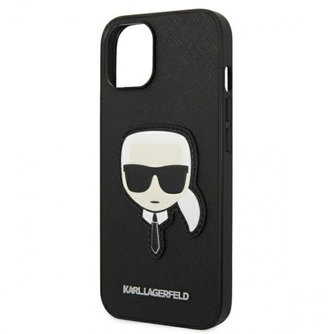 Karl Lagerfeld iPhone 14 Plus - Saffiano Karl's Head Patch Σκληρή Θήκη με Επένδυση Συνθετικού Δέρματος και Πλαίσιο Σιλικόνης - Black - KLHCP14MSAPKHK