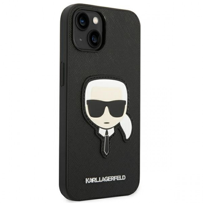 Karl Lagerfeld iPhone 14 Plus - Saffiano Karl's Head Patch Σκληρή Θήκη με Επένδυση Συνθετικού Δέρματος και Πλαίσιο Σιλικόνης - Black - KLHCP14MSAPKHK