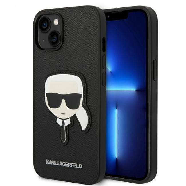 Karl Lagerfeld iPhone 14 Plus - Saffiano Karl's Head Patch Σκληρή Θήκη με Επένδυση Συνθετικού Δέρματος και Πλαίσιο Σιλικόνης - Black - KLHCP14MSAPKHK