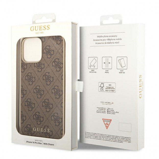 Guess iPhone 14 Pro Max - 4G Charms Collection Θήκη με Επένδυση Συνθετικού Δέρματος - Brown - GUHCP14XGF4GBR