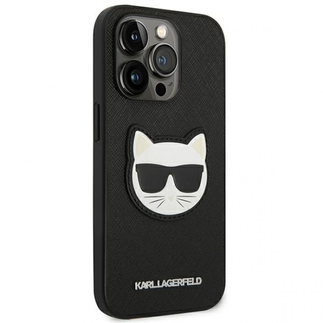 Karl Lagerfeld iPhone 14 Pro - Saffiano Choupette Head Patch Σκληρή Θήκη με Επένδυση Συνθετικού Δέρματος και Πλαίσιο Σιλικόνης - Black - KLHCP14LSAPCHK