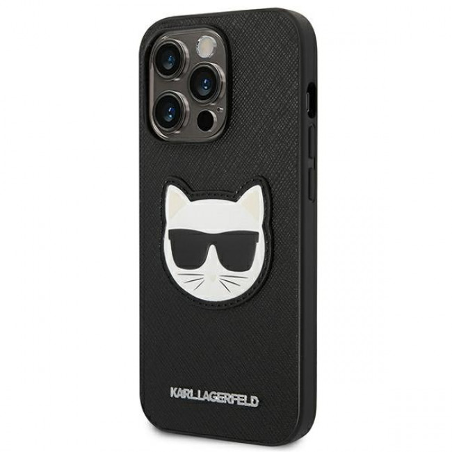 Karl Lagerfeld iPhone 14 Pro - Saffiano Choupette Head Patch Σκληρή Θήκη με Επένδυση Συνθετικού Δέρματος και Πλαίσιο Σιλικόνης - Black - KLHCP14LSAPCHK