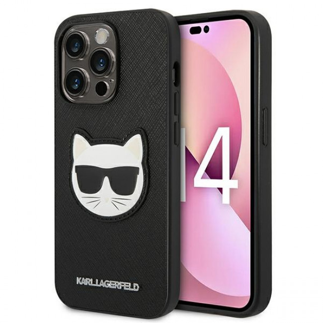 Karl Lagerfeld iPhone 14 Pro - Saffiano Choupette Head Patch Σκληρή Θήκη με Επένδυση Συνθετικού Δέρματος και Πλαίσιο Σιλικόνης - Black - KLHCP14LSAPCHK