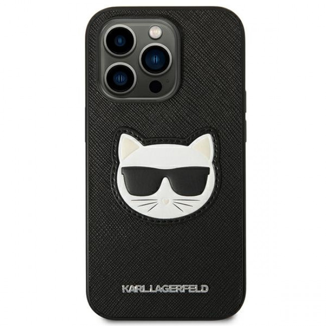 Karl Lagerfeld iPhone 14 Pro - Saffiano Choupette Head Patch Σκληρή Θήκη με Επένδυση Συνθετικού Δέρματος και Πλαίσιο Σιλικόνης - Black - KLHCP14LSAPCHK