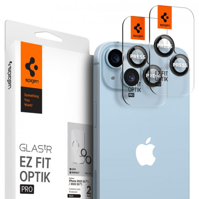 Spigen iPhone 14 / iPhone 14 Plus / iPhone 15 / iPhone 15 Plus Optik.TR EZ Fit Αντιχαρακτικό Γυαλί για την Κάμερα - 2 Τεμάχια - Black