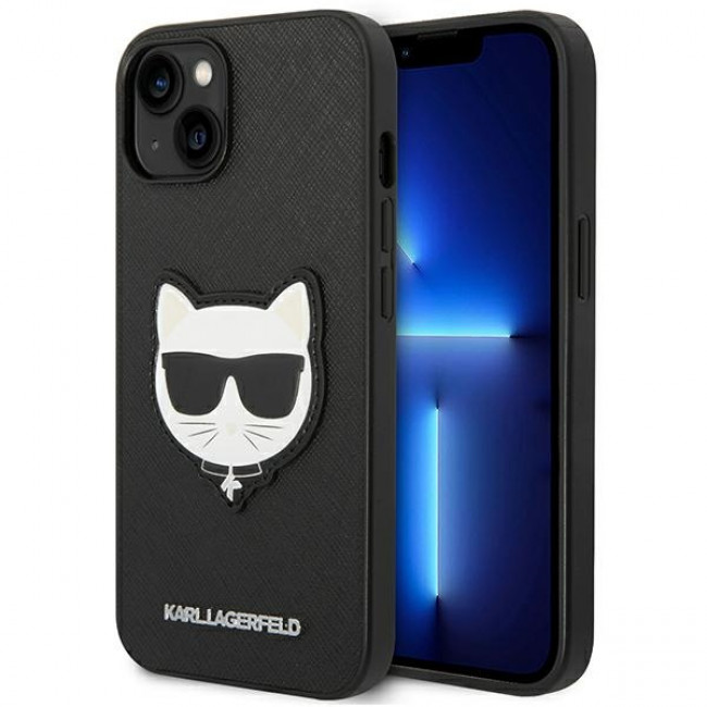 Karl Lagerfeld iPhone 14 Plus - Saffiano Choupette Head Patch Σκληρή Θήκη με Επένδυση Συνθετικού Δέρματος και Πλαίσιο Σιλικόνης - Black - KLHCP14MSAPCHK