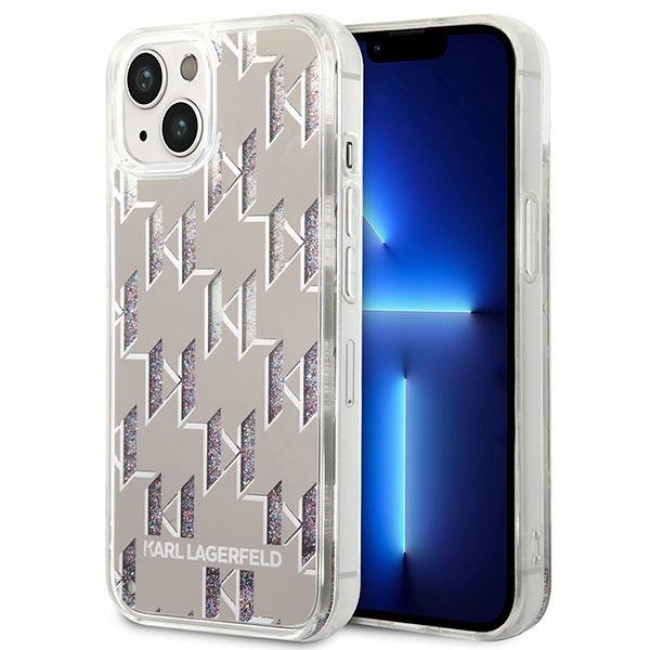 Karl Lagerfeld iPhone 14 - Liquid Glitter Monogram Σκληρή Θήκη με Πλαίσιο Σιλικόνης - Silver - KLHCP14SLMNMS