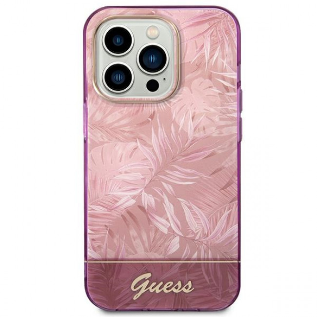 Guess iPhone 14 Pro Jungle Collection Σκληρή Θήκη με Πλαίσιο Σιλικόνης - Pink - GUHCP14LHGJGHP