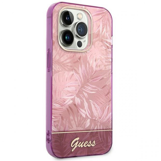 Guess iPhone 14 Pro Jungle Collection Σκληρή Θήκη με Πλαίσιο Σιλικόνης - Pink - GUHCP14LHGJGHP