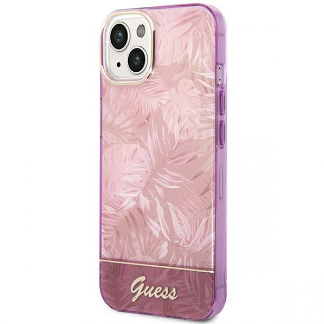 Guess iPhone 14 Plus Jungle Collection Σκληρή Θήκη με Πλαίσιο Σιλικόνης - Pink - GUHCP14MHGJGHP