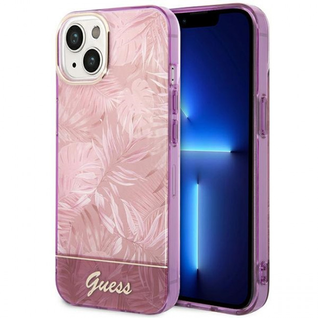 Guess iPhone 14 Plus Jungle Collection Σκληρή Θήκη με Πλαίσιο Σιλικόνης - Pink - GUHCP14MHGJGHP