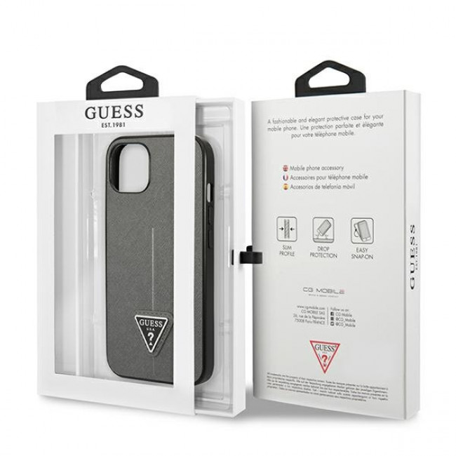 Guess iPhone 14 Plus Saffiano Σκληρή Θήκη με Πλαίσιο Σιλικόνης - Silver - GUHCP14MPSATLG