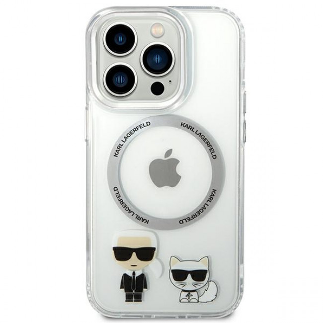 Karl Lagerfeld iPhone 14 Pro - Karl and Choupette Aluminium Magsafe Σκληρή Θήκη με Πλαίσιο Σιλικόνης και MagSafe - Διάφανη - KLHMP14LHKCT