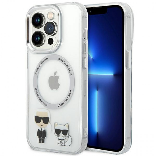 Karl Lagerfeld iPhone 14 Pro - Karl and Choupette Aluminium Magsafe Σκληρή Θήκη με Πλαίσιο Σιλικόνης και MagSafe - Διάφανη - KLHMP14LHKCT