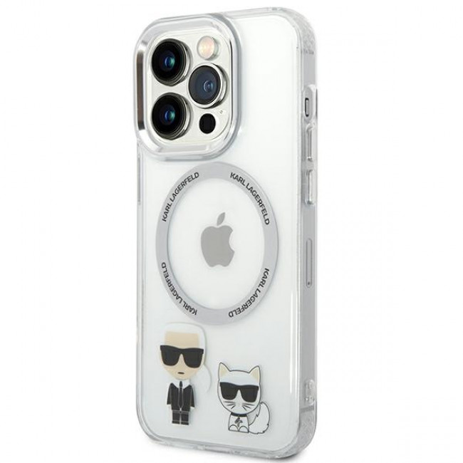 Karl Lagerfeld iPhone 14 Pro - Karl and Choupette Aluminium Magsafe Σκληρή Θήκη με Πλαίσιο Σιλικόνης και MagSafe - Διάφανη - KLHMP14LHKCT