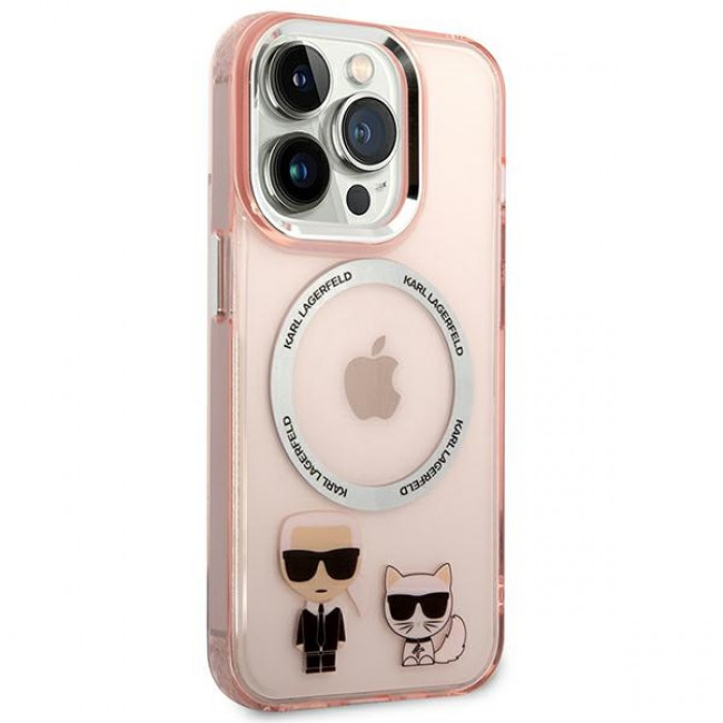 Karl Lagerfeld iPhone 14 Pro - Karl and Choupette Aluminium Magsafe Σκληρή Θήκη με Πλαίσιο Σιλικόνης και MagSafe - Pink - KLHMP14LHKCP