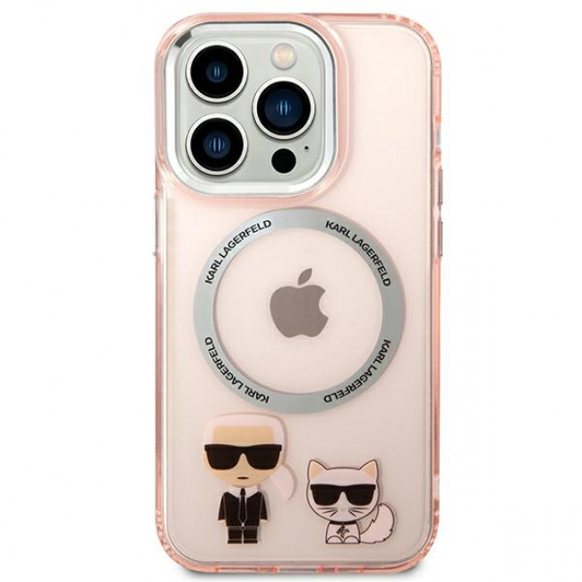 Karl Lagerfeld iPhone 14 Pro - Karl and Choupette Aluminium Magsafe Σκληρή Θήκη με Πλαίσιο Σιλικόνης και MagSafe - Pink - KLHMP14LHKCP