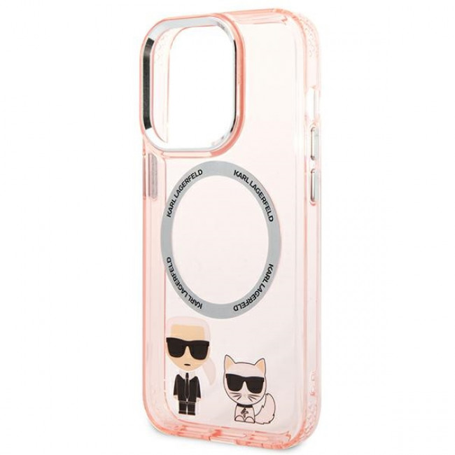 Karl Lagerfeld iPhone 14 Pro - Karl and Choupette Aluminium Magsafe Σκληρή Θήκη με Πλαίσιο Σιλικόνης και MagSafe - Pink - KLHMP14LHKCP