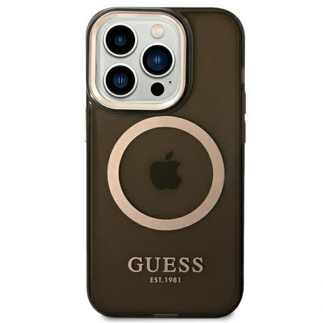 Guess iPhone 14 Pro Gold Outline Translucent MagSafe Σκληρή Θήκη με Πλαίσιο Σιλικόνης και MagSafe - Black - GUHMP14LHTCMK