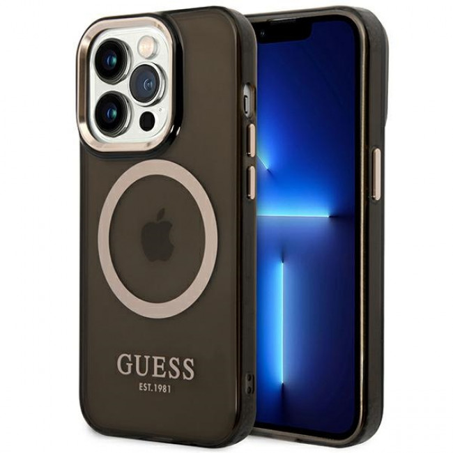 Guess iPhone 14 Pro Gold Outline Translucent MagSafe Σκληρή Θήκη με Πλαίσιο Σιλικόνης και MagSafe - Black - GUHMP14LHTCMK