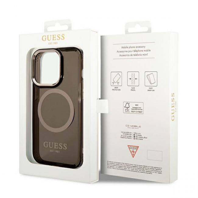 Guess iPhone 14 Pro Gold Outline Translucent MagSafe Σκληρή Θήκη με Πλαίσιο Σιλικόνης και MagSafe - Black - GUHMP14LHTCMK