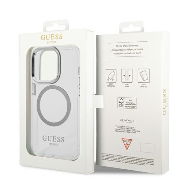 Guess iPhone 14 Pro Metal Outline MagSafe Σκληρή Θήκη με Πλαίσιο Σιλικόνης και MagSafe - Silver / Clear - GUHMP14LHTRMS