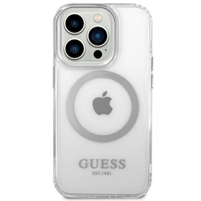 Guess iPhone 14 Pro Metal Outline MagSafe Σκληρή Θήκη με Πλαίσιο Σιλικόνης και MagSafe - Silver / Clear - GUHMP14LHTRMS