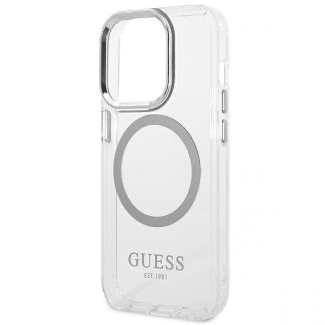 Guess iPhone 14 Pro Metal Outline MagSafe Σκληρή Θήκη με Πλαίσιο Σιλικόνης και MagSafe - Silver / Clear - GUHMP14LHTRMS