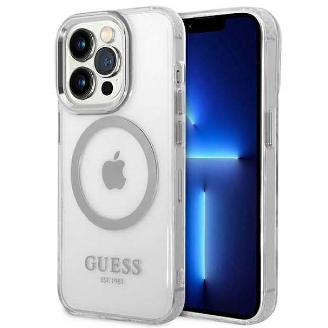 Guess iPhone 14 Pro Metal Outline MagSafe Σκληρή Θήκη με Πλαίσιο Σιλικόνης και MagSafe - Silver / Clear - GUHMP14LHTRMS