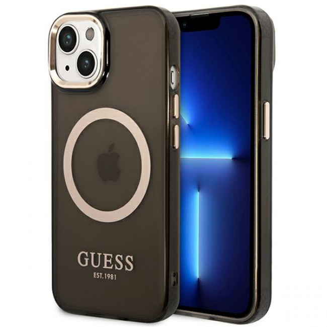 Guess iPhone 14 Plus Gold Outline Translucent MagSafe Σκληρή Θήκη με Πλαίσιο Σιλικόνης και MagSafe - Black - GUHMP14MHTCMK