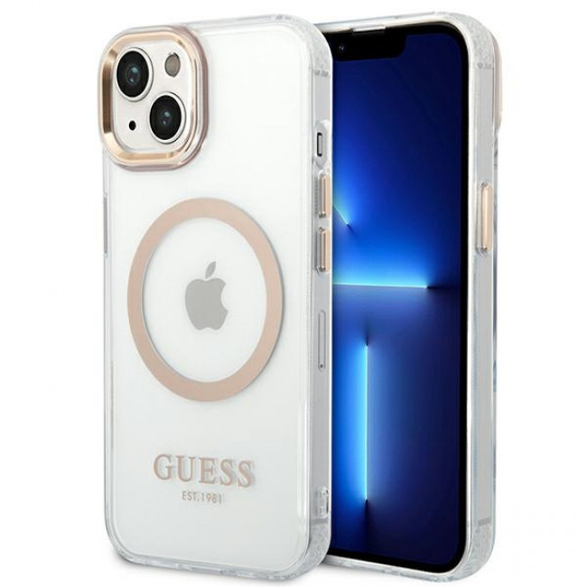 Guess iPhone 14 Plus Metal Outline MagSafe Σκληρή Θήκη με Πλαίσιο Σιλικόνης και MagSafe - Gold / Clear - GUHMP14MHTRMD