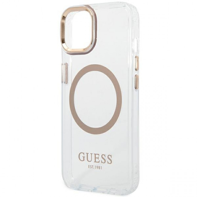 Guess iPhone 14 Plus Metal Outline MagSafe Σκληρή Θήκη με Πλαίσιο Σιλικόνης και MagSafe - Gold / Clear - GUHMP14MHTRMD