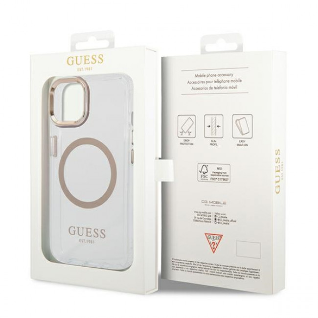 Guess iPhone 14 Plus Metal Outline MagSafe Σκληρή Θήκη με Πλαίσιο Σιλικόνης και MagSafe - Gold / Clear - GUHMP14MHTRMD