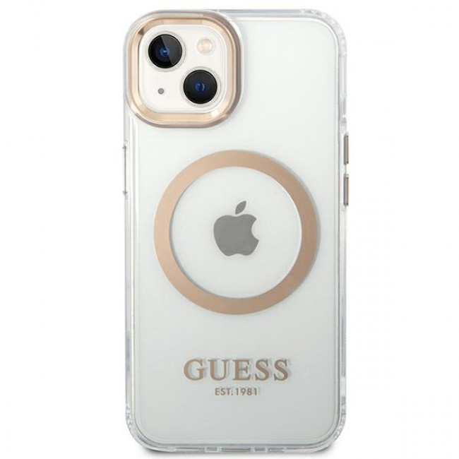 Guess iPhone 14 Plus Metal Outline MagSafe Σκληρή Θήκη με Πλαίσιο Σιλικόνης και MagSafe - Gold / Clear - GUHMP14MHTRMD