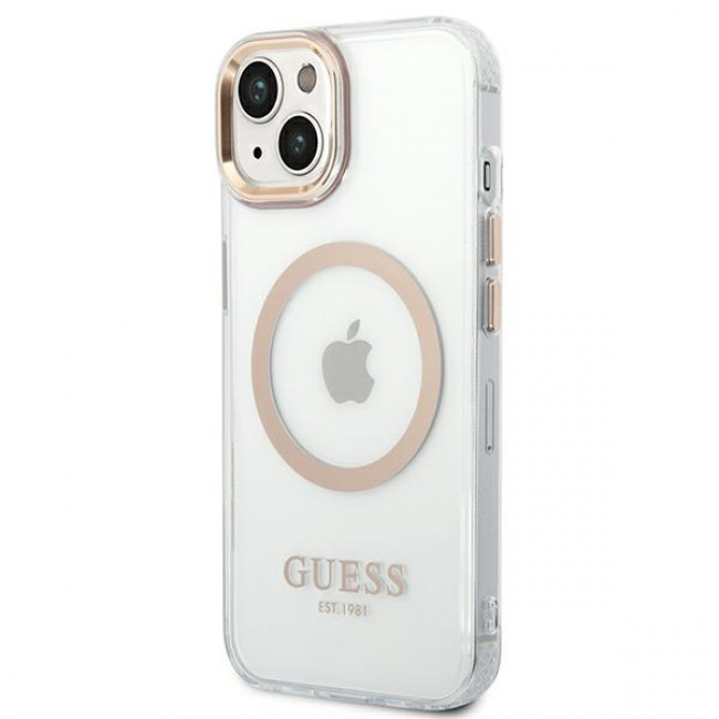 Guess iPhone 14 Plus Metal Outline MagSafe Σκληρή Θήκη με Πλαίσιο Σιλικόνης και MagSafe - Gold / Clear - GUHMP14MHTRMD