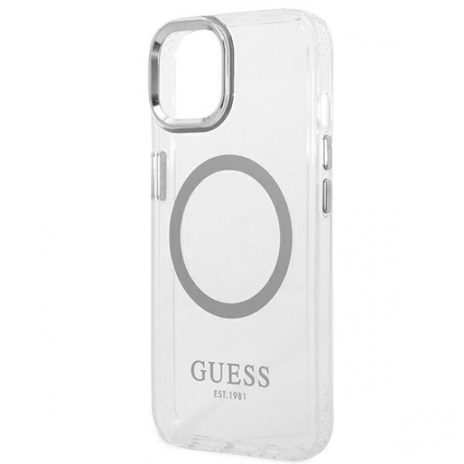 Guess iPhone 14 Plus Metal Outline MagSafe Σκληρή Θήκη με Πλαίσιο Σιλικόνης και MagSafe - Silver / Clear - GUHMP14MHTRMS