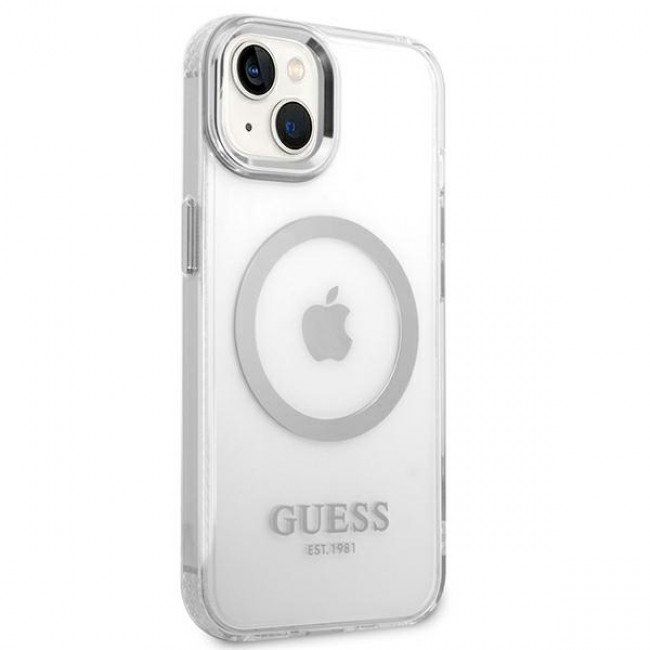 Guess iPhone 14 Plus Metal Outline MagSafe Σκληρή Θήκη με Πλαίσιο Σιλικόνης και MagSafe - Silver / Clear - GUHMP14MHTRMS