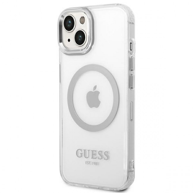 Guess iPhone 14 Plus Metal Outline MagSafe Σκληρή Θήκη με Πλαίσιο Σιλικόνης και MagSafe - Silver / Clear - GUHMP14MHTRMS