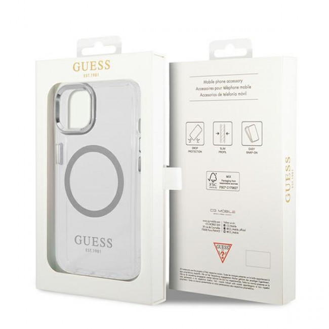 Guess iPhone 14 Plus Metal Outline MagSafe Σκληρή Θήκη με Πλαίσιο Σιλικόνης και MagSafe - Silver / Clear - GUHMP14MHTRMS