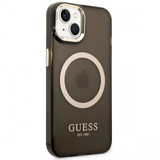 Guess iPhone 14 Gold Outline Translucent MagSafe Σκληρή Θήκη με Πλαίσιο Σιλικόνης και MagSafe - Black - GUHMP14SHTCMK