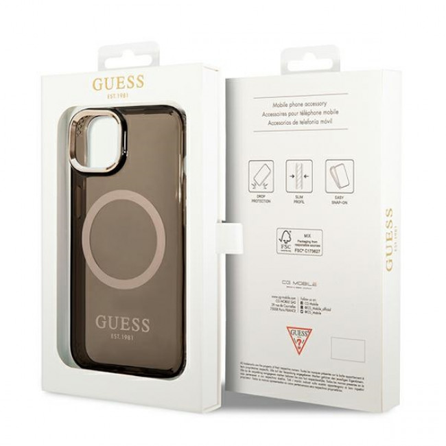 Guess iPhone 14 Gold Outline Translucent MagSafe Σκληρή Θήκη με Πλαίσιο Σιλικόνης και MagSafe - Black - GUHMP14SHTCMK